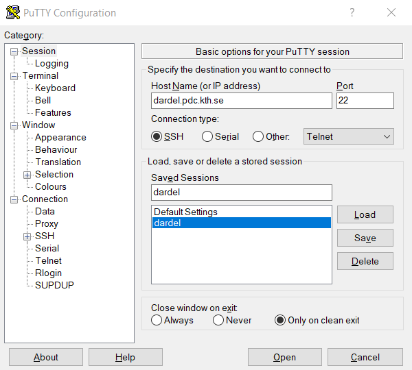 PuTTy connect to Dardel